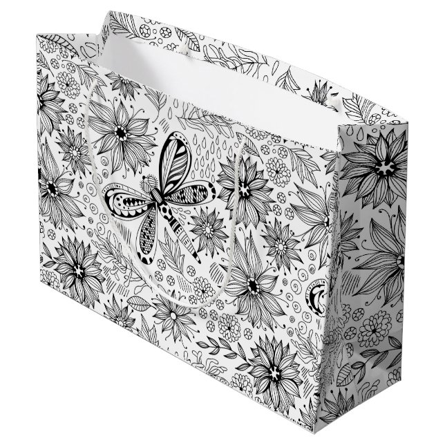 Grand Sac Cadeau Dragonfly et doodle de fleurs (Dos Angle)