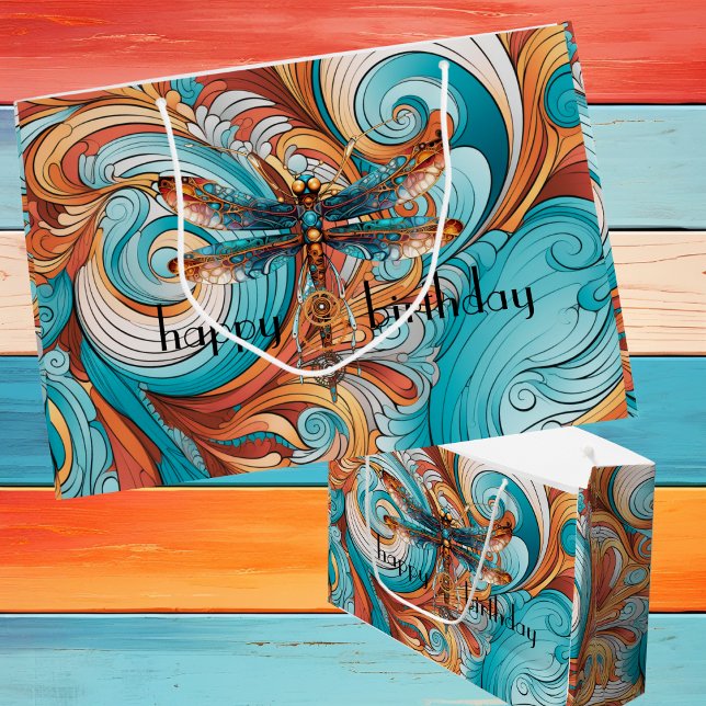 Grand Sac Cadeau Dragonfly Whimsical Steampunk en bleu et orange (Bright and bold steampunk dragonfly and swirls customizable large gift bag, )