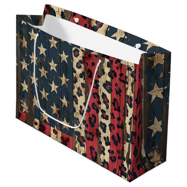 Grand Sac Cadeau Drapeau américain rustique imprimé léopard (1) (Devant Angle)