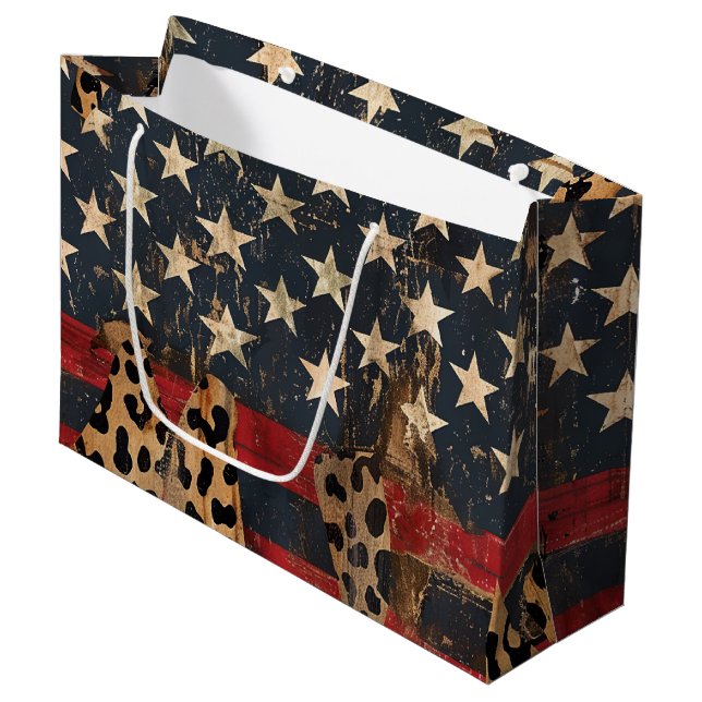 Grand Sac Cadeau Drapeau américain rustique imprimé léopard (3) (Devant Angle)