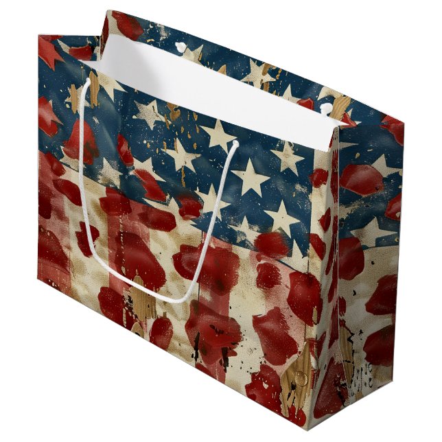 Grand Sac Cadeau Drapeau américain rustique imprimé léopard (6) (Devant Angle)