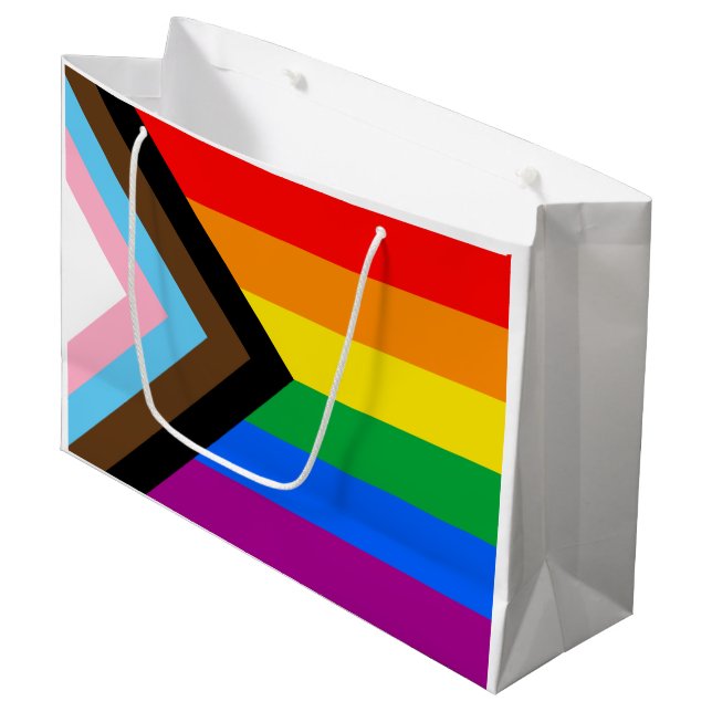 Grand Sac Cadeau Drapeau de fierté progressiste LGBTQ+ (Devant Angle)