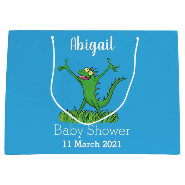 Grand Sac Cadeau Drôle vert souriant animé lézard d'iguane (Devant)