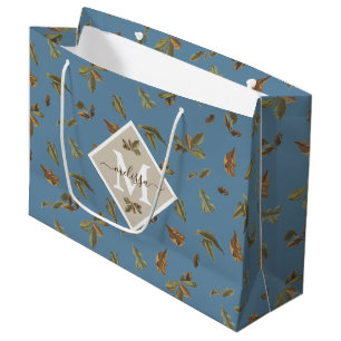 Grand Sac Cadeau Dusty Blue Rustic Feuilles Brown Monogramme