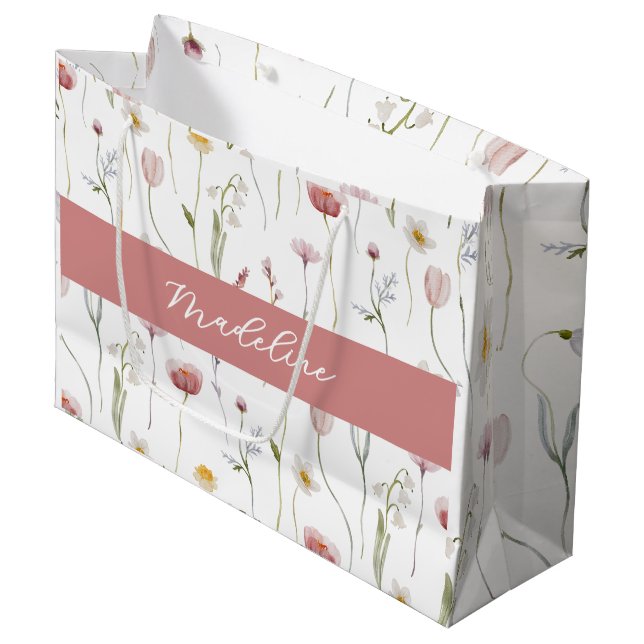 Grand Sac Cadeau Dusty Pink Wildflower Watercolor Monogram Name (Devant Angle)