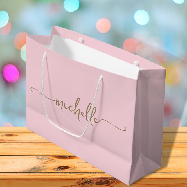 Grand Sac Cadeau Écriture de nom de monogramme doré élégant rose po (Créateur téléchargé)