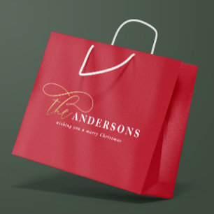 Grand Sac Cadeau Écriture d'or rouge moderne minimaliste Noël rusti