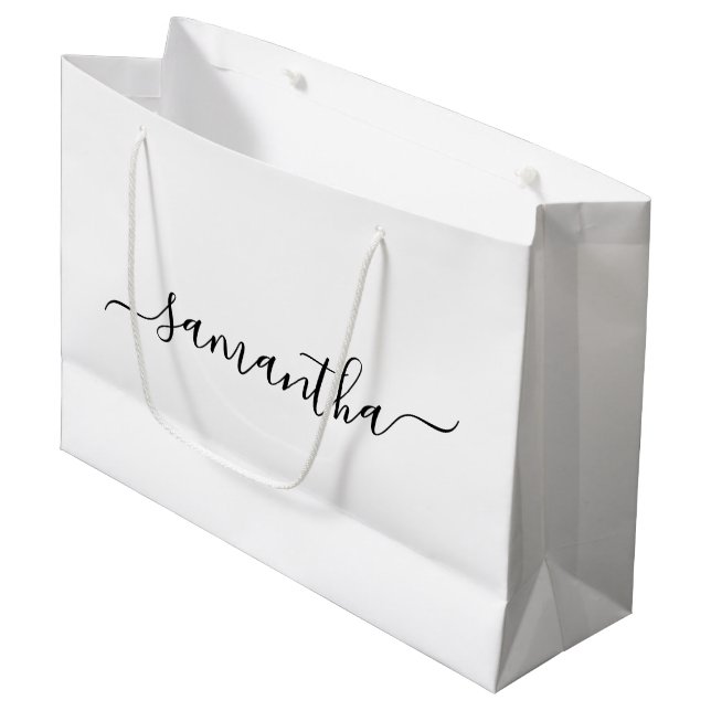 Grand Sac Cadeau Écriture élégante noire Signature Nom (Devant Angle)