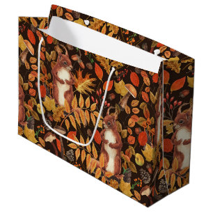 Grand Sac Cadeau Écureuils automnaux et flore sur brun foncé