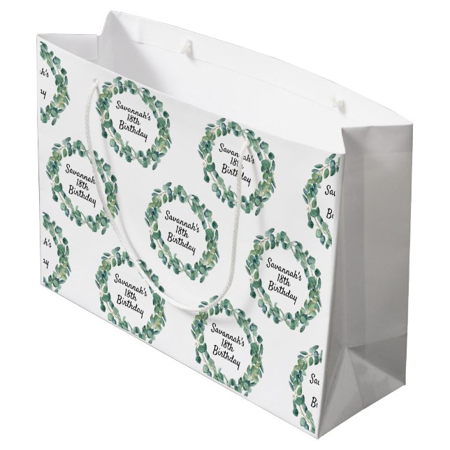 Grand Sac Cadeau Eeucalyptus vert d'anniversaire nom script (Dos Angle)