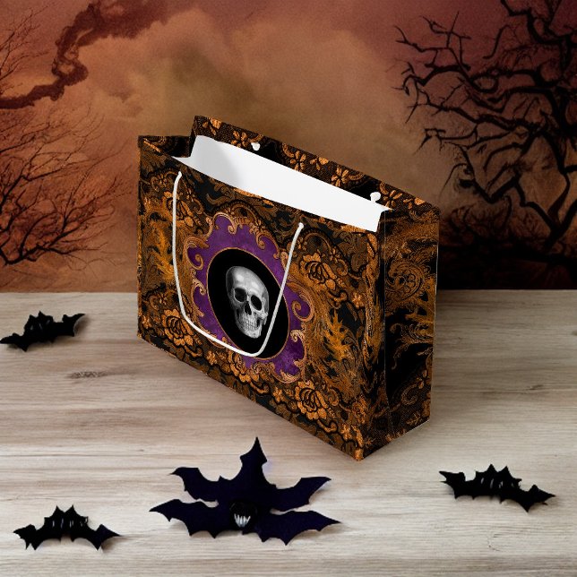 Grand Sac Cadeau Éffrayant Elegant Hallloween crâne sur Damask (Créateur téléchargé)