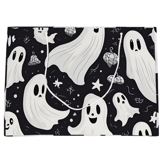 Grand Sac Cadeau Éffrayant Ghost Halloween noir blanc (Devant)
