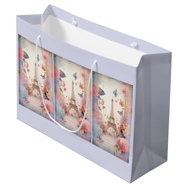 Grand Sac Cadeau Eiffel Tower Butterflies and Flowers (Devant Angle)