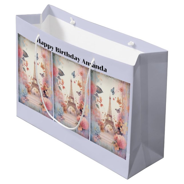 Grand Sac Cadeau Eiffel Tower Butterflies and Flowers Birthday (Devant Angle)