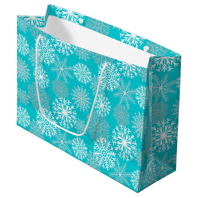 Grand Sac Cadeau Elégant Aqua White Gold Winter Flocon de neige Noë (Devant Angle)