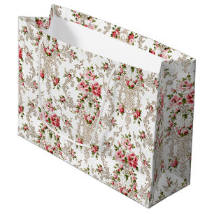 Grand Sac Cadeau Élégant Arrière - plan Floral-Blanc Rococo