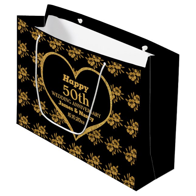 Grand Sac Cadeau Élégant Black Gold Flower 50e anniversaire Mariage (Devant Angle)