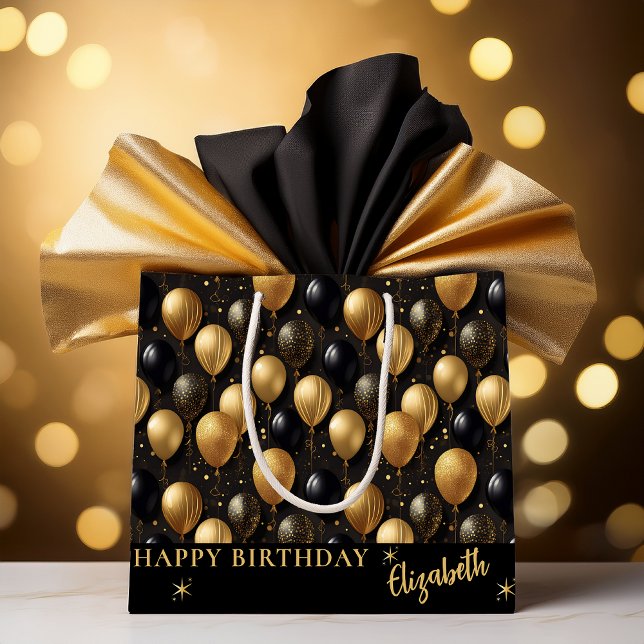 Grand Sac Cadeau Elégant Black Gold Parties scintillant Ballons Mot (Elegant Black and Gold Faux Glitter Balloons Pattern A021 "Happy Birthday" [Name] Large Gift Bag)