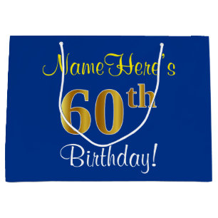 Grand Sac Cadeau Élégant, bleu, anniversaire d'or de Faux