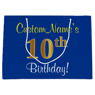 Grand Sac Cadeau Élégant, bleu, anniversaire d'or de Faux 10ème