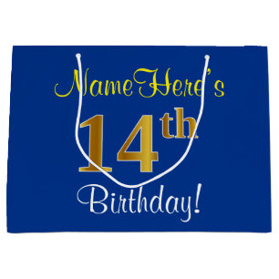 Grand Sac Cadeau Elégant, Bleu, Faux Or 14ème Anniversaire + Nom
