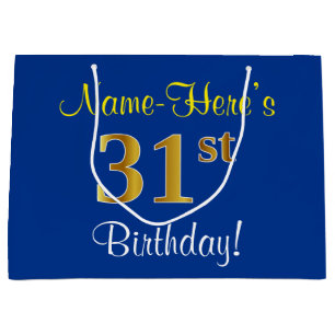 Grand Sac Cadeau Elégant, Bleu, Faux Or 31ème Anniversaire + Nom