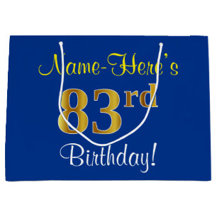 Grand Sac Cadeau Elégant, Bleu, Faux Or 83ème Anniversaire + Nom