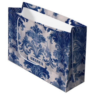 Grand Sac Cadeau Élégant bleu Toile De Jouy Damassé Monogramme