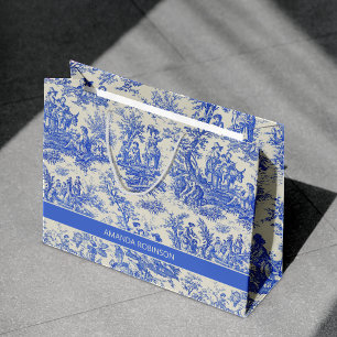 Grand Sac Cadeau Elégant bleu vintage toile de jouy