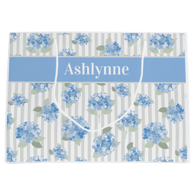 Grand Sac Cadeau Elegant Blue Hydrangea Pattern Gray Stripe Name (Devant)