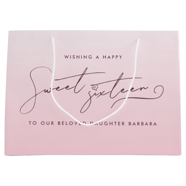 Grand Sac Cadeau Elegant Blush Pink Ombre Script Sweet Sixteen  (Devant)