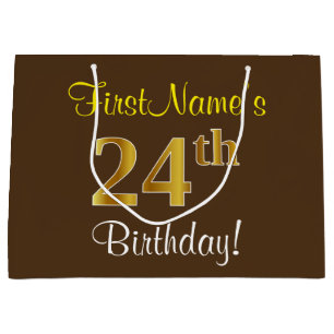 Grand Sac Cadeau Elégant, Brown, Faux Gold 24ème anniversaire + Nom
