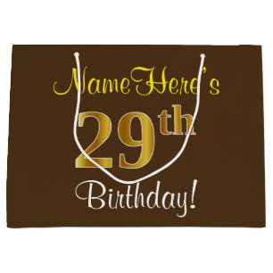 Grand Sac Cadeau Elégant, Brown, Faux Gold 29ème anniversaire + Nom