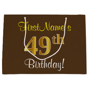 Grand Sac Cadeau Elégant, Brown, Faux Gold 49ème Anniversaire + Nom