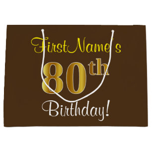 Grand Sac Cadeau Elégant, Brown, Faux Gold 80e anniversaire + Nom