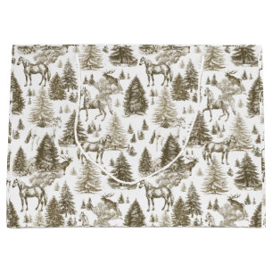 Grand Sac Cadeau Elégant Cheval Blanc Vintage en Toile de Bois de N
