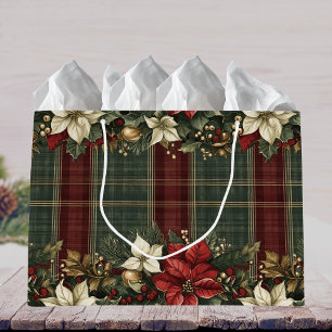 Grand Sac Cadeau Élégant Classic Plaid Poinsettias Rouge Holly & Or