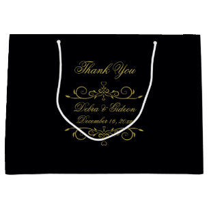 Grand Sac Cadeau Élégant Coeur Noir et Or Flourish Merci