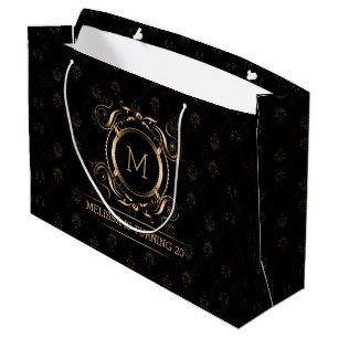 Grand Sac Cadeau Élégant Damas Noir Avec Cadre Or Moyen Cadeau Ca