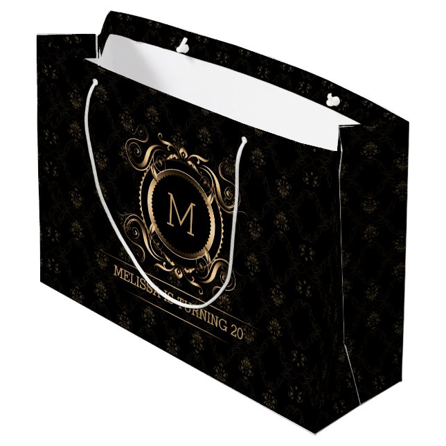 Grand Sac Cadeau Élégant Damas Noir Avec Cadre Or Moyen Cadeau Cade (Dos Angle)