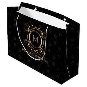 Grand Sac Cadeau Élégant Damas Noir Avec Cadre Or Moyen Cadeau Cade