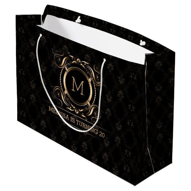 Grand Sac Cadeau Élégant Damas Noir Avec Cadre Or Moyen Cadeau Cade (Dos Angle)