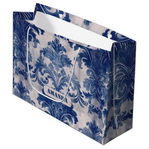 Grand Sac Cadeau Élégant damassé Bleu toile de jouy monogramme