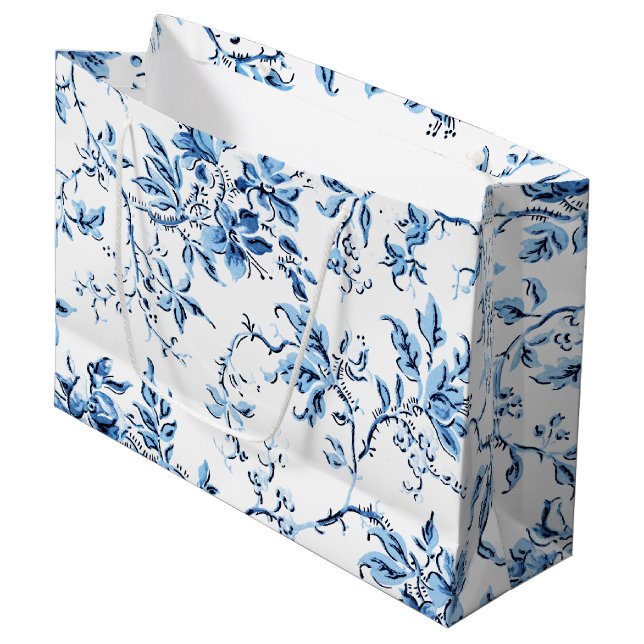 Grand Sac Cadeau Elegant Delft Blue et White Floral (Devant Angle)