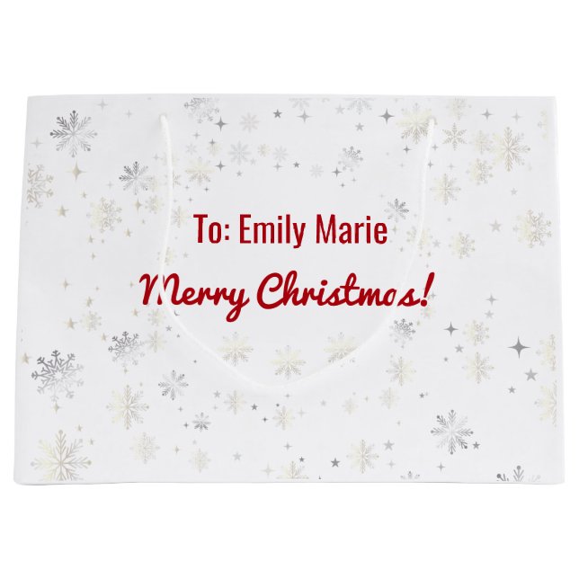 Grand Sac Cadeau Élégant et moderne Snowflakes Nom Noël (Devant)