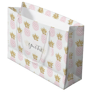 Grand Sac Cadeau Élégant faux or motif d'ananas tropical