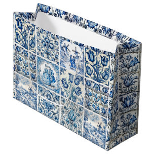 Grand Sac Cadeau Élégant floral damassé toile de Jouy bleu de campa