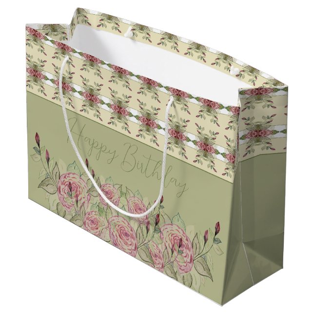 Grand Sac Cadeau Élégant Floral Rose Avec Vert (Dos Angle)