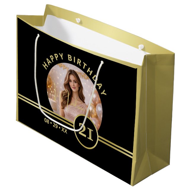 Grand Sac Cadeau Elegant Gold Signature Monogram with Photo (Devant Angle)
