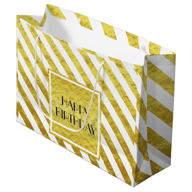 Grand Sac Cadeau Elégant Gold Stripes Joyeux Anniversaire (Devant Angle)